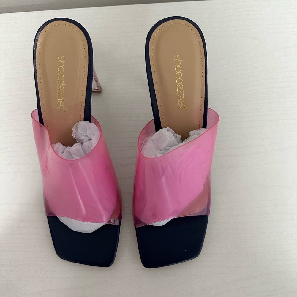 Shoedazzle Sandal Heels- Clear Pink & Navy Blue. NEW!